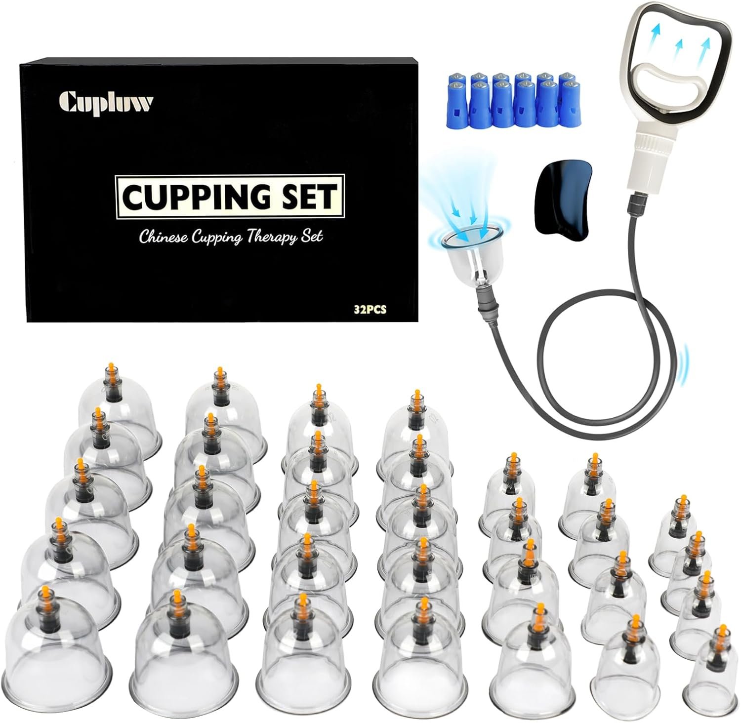 Cupluw Cupping Kit for Massage Therapy – 32 Cups Professional Chinese Cupping Set with Magnetics, Vacuum Cupping Therapy Set for Cellulite Reduction Muscle Pain Relief with Manual Pump