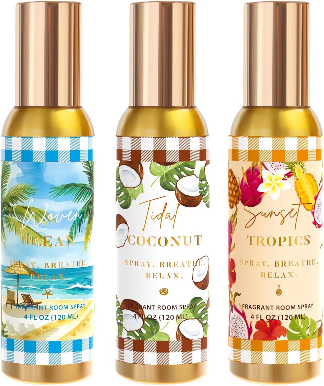 Room Spray, Tidal Coconut, Woven Ocean, Sunset Tropics, Each 4 fl oz | Air Freshener for Home, Long-Lasting Odor Eliminator for Bathroom and Office, 3 Pack
