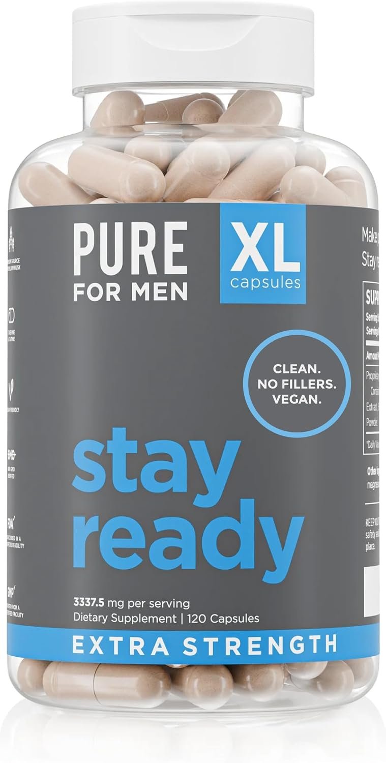 Pure for Men Stay Ready Fiber Extra Strength, Psyllium (120 XL Capsules) | Extra Strength Daily Fiber Capsules for Men, Psyllium Husk, Digestive Regularity, Bowel Movement & Gut Health, Vegan XL Pills