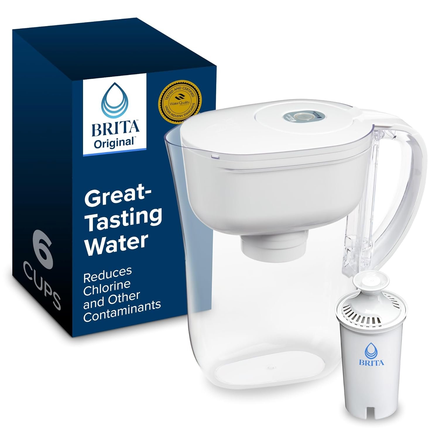Brita Small 6-Cup Water Filter Pitcher, Includes 1 Filter, White | WQA and NSF/ANSI Certified, Reduces Chlorine, Copper, Mercury & Cadmium, Lasts 2 Months, Household Essential