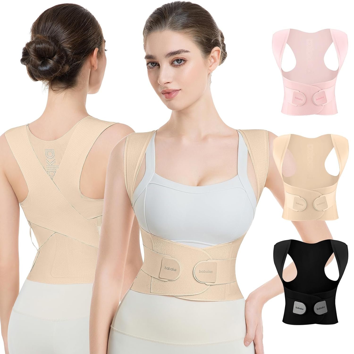 babaka Posture Corrector for Women, Invisible Lightweight Adjustable Back Brace for Upper and Lower Back Pain Relief, Hunchback, Hump, Scoliosis, Thoracic, Spine Corrector Under Clothes (Beige, Medium, Waist: 29”-35”)