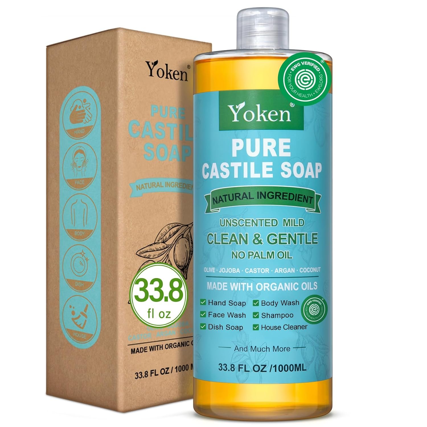 Yoken Pure Castile Liquid Soap 33.8 Oz Unscent add Organic Oil EWG Verified | No Fragrance Vegan Natural Laundry Dishes Mild Sensitive Skin Travel Camp Soaps Body Bath Hand Wash Free 1000 ML