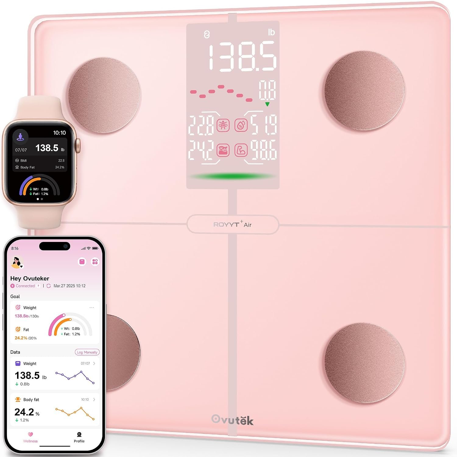 Smart Scale for Body Weight, Professional Bathroom Digital Weighing Scale with BMI, Body Fat, Muscle Mass, Accurate Bluetooth Home User Health Equipment Sync Apps – Pink