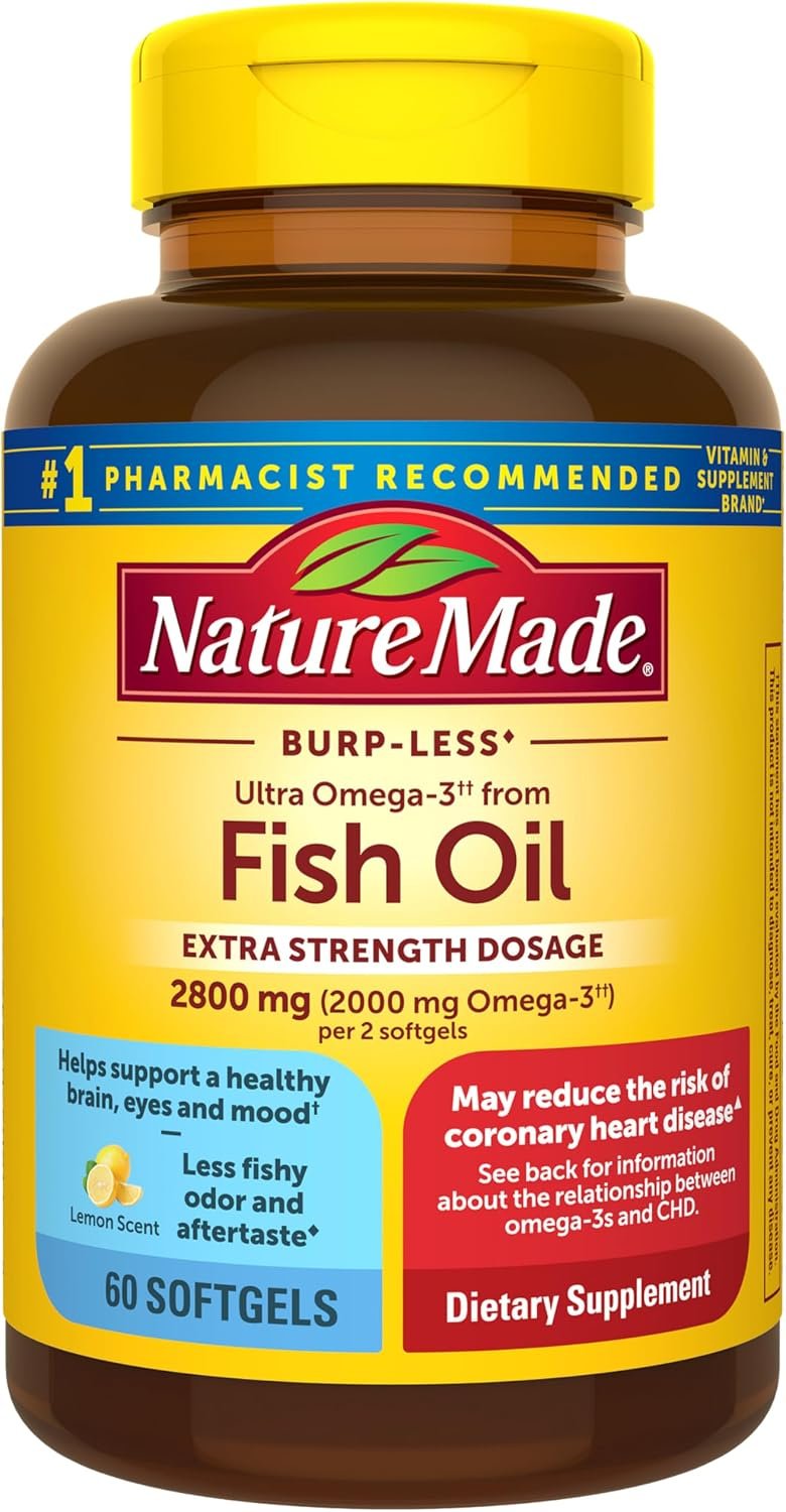 Nature Made Extra Strength Dosage Omega 3 Fish Oil Supplement, 60 Softgels | Fish Oil Omega 3 Supplements as Ethyl Esters for Healthy Heart, Brain, Eye, Mood Support 2800mg per 2 Softgels, 30 Day Supply
