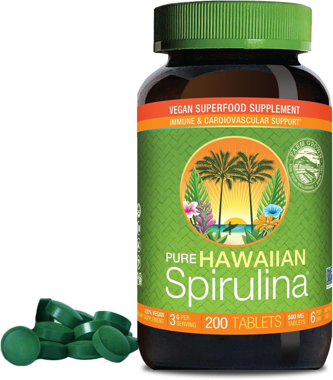 Nutrex Hawaii Pure Hawaiian Spirulina Tablets, Vegan, 500 mg, 200 Count | Spirulina Farm Grown in Kona, Hawaii, Non-GMO, Glyphosate Residue Free, 3rd Party Tested, 60% Protein, Superfood Supplement