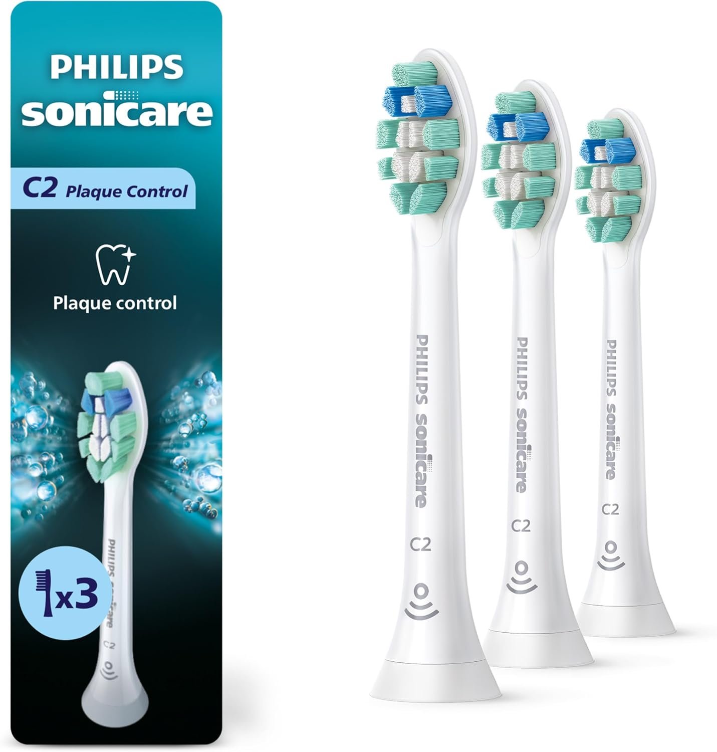 Philips Sonicare C2 Brush Heads, 3-Pack, 9 Month Supply, White | 700% More Plaque Removal¹, BrushSync Reminder, Up To 62,000 Bristle Movements Per Min, HX9023/65