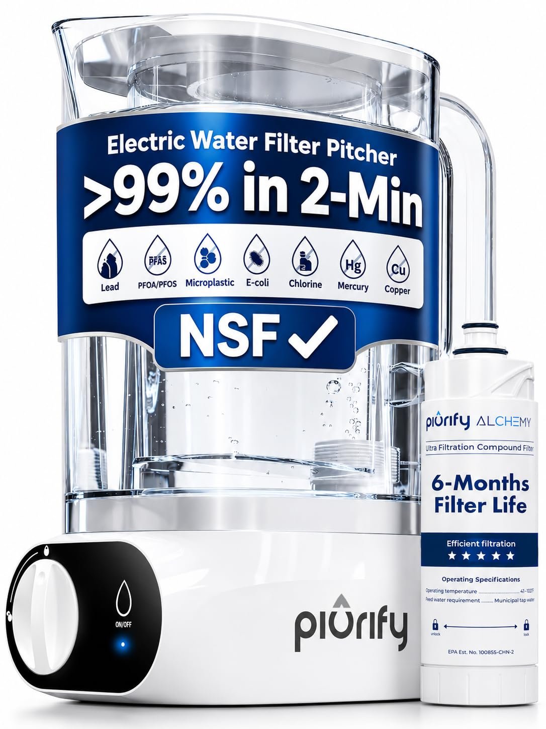 PIURIFY Electric Water Filter Pitcher + Filter | NSF Verified | Compact 50 OZ | Removes 99% of Lead, Microplastics, PFAS & Chlorine in under 2-Min | Carbon Block & UltraFiltration Tech