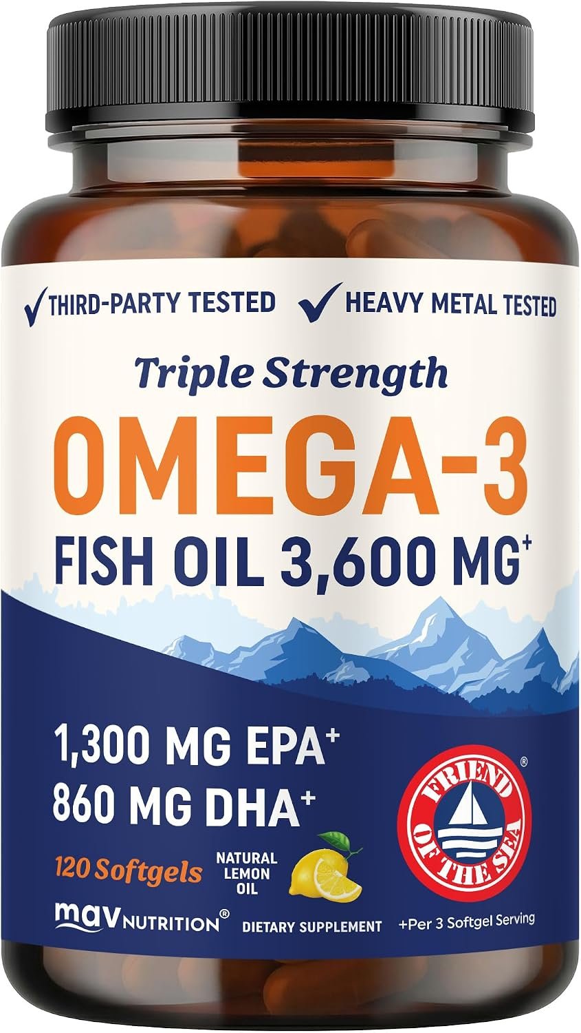 Triple Strength Omega 3 Fish Oil 3600 mg, EPA & DHA, Omega-3 with Lemon Oil | 1300mg EPA + 860mg DHA, Doctor-Formulated, Best Essential Fatty Acids, Premium Wild Caught & Burpless Fish Oil, 120 Softgels
