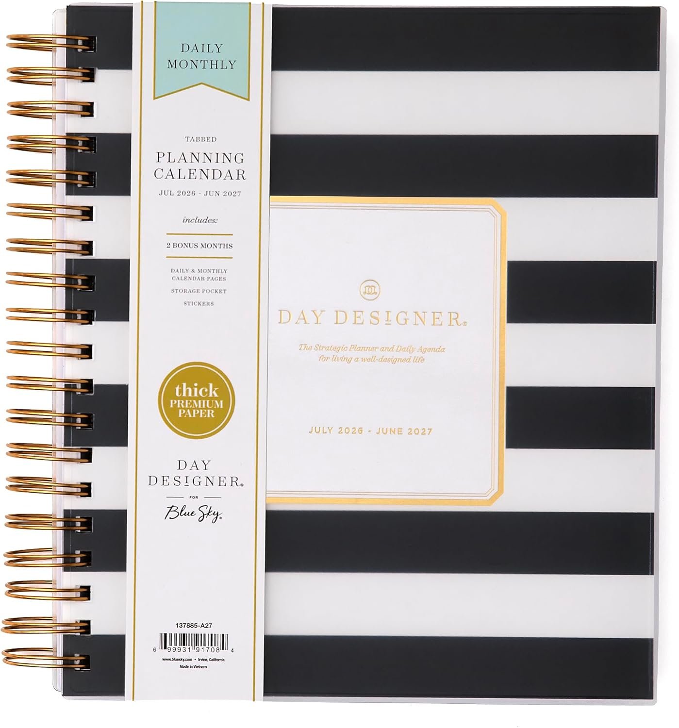 Blue Sky 2026-2027 Daily & Monthly Academic Planner, 8″x10″, Black Stripe | July 2026 – June 2027, Flexible Cover, Laminated Tabs, Storage Pocket, Stickers, Academic Year, Day Designer