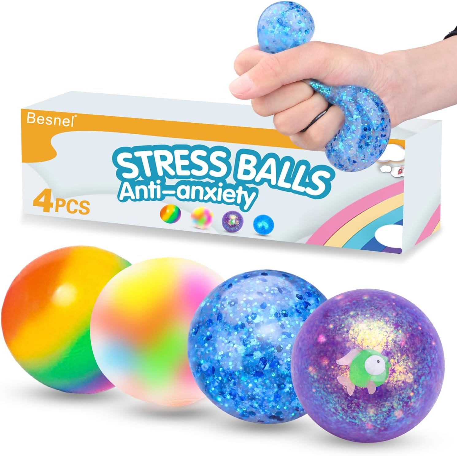 4 Pack Stress Balls, Squishy Balls, Squishy Fidget Stress Relief | Squeeze Ball for Adults Stress Relieve, Prize Box for Friends, Party Favors