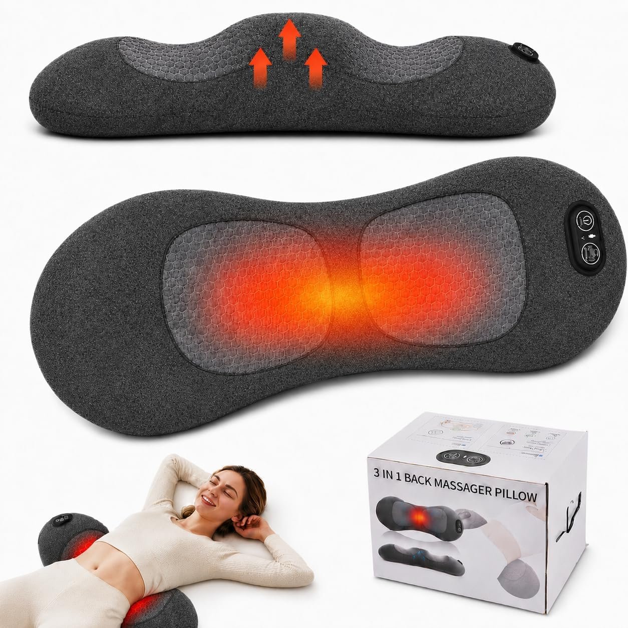 3-in-1 Cordless Lumbar Support Pillow with Heat, Vibration and Traction, Electric Lower Back Massager for Pain Relief Deep Tissue, Decompression Back for Chair, Bed, Car