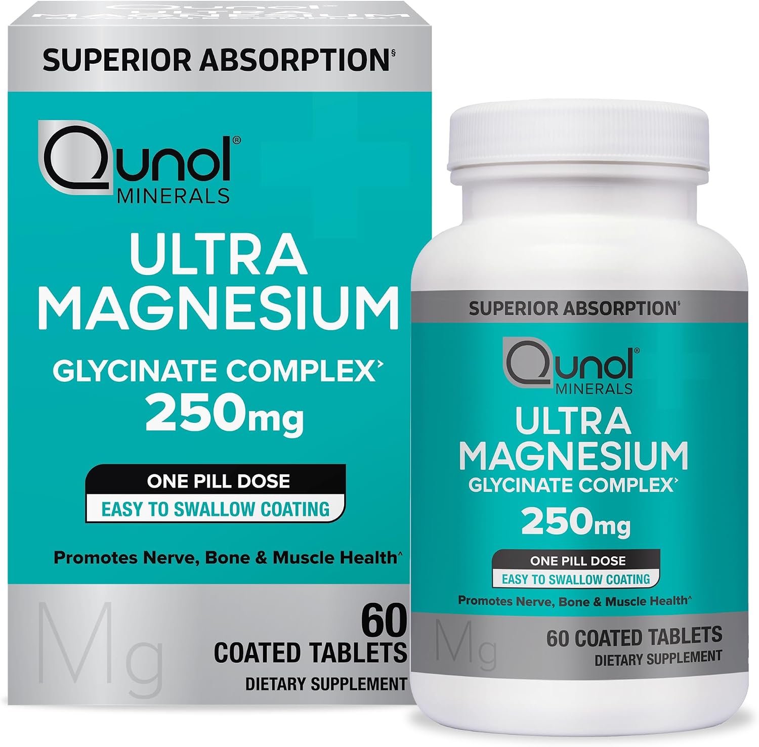 Qunol Ultra Magnesium Glycinate Complex 250mg, Vegetarian, Gluten-Free 60ct | Superior-Absorption One Pill Dose; Support Nerve, Bone & Muscle Health, Cognitive Performance, Healthy Stress Response