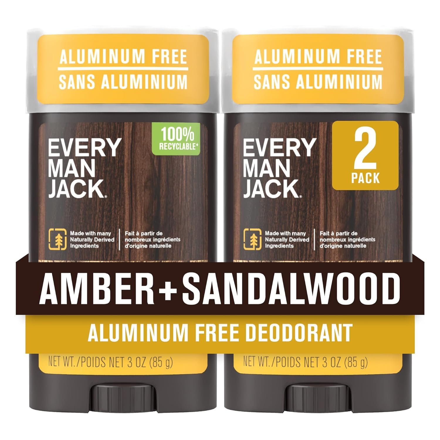 Every Man Jack Aluminum Free Deodorant for Men, Amber Sandalwood, 2pk | Clear Glide & Stain Free, Naturally Derived Odor Defense, No Baking Soda, Parabens, Phthalates or Dyes, Masculine Scents
