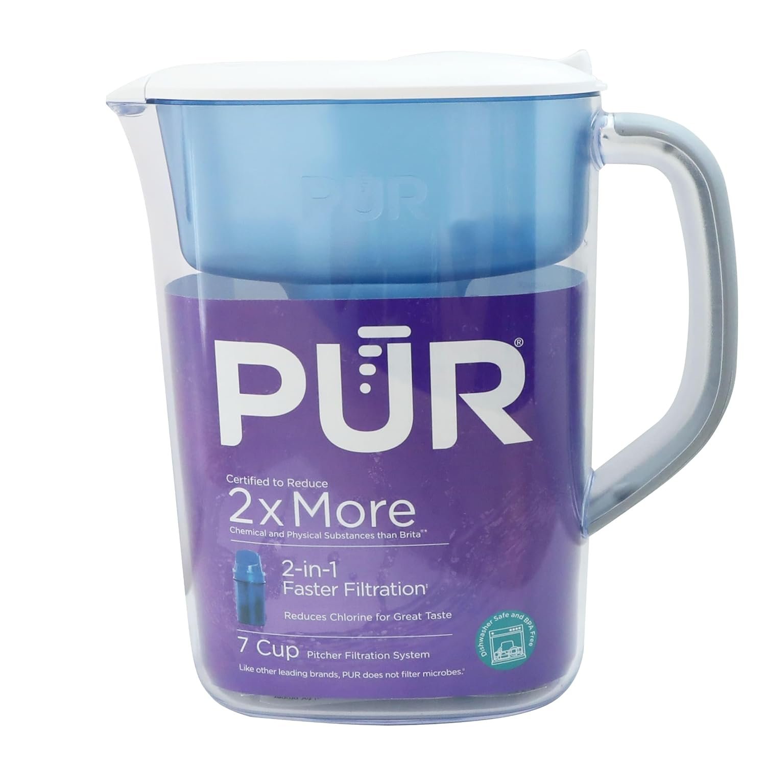 PUR 7-Cup Water Filter Pitcher, Includes 1 Genuine PUR Filter, White | Cleaner, Great-Tasting Water, Dishwasher Safe, Powerful, Faster Filtration, LockFit Cap Design