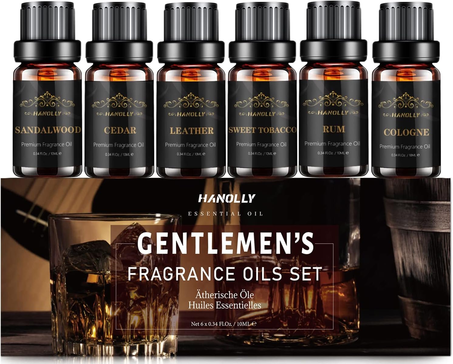 Essential Oils Set, Men Scents Fragrance Oil Aromatherapy Essential Oils Kit for Diffuser (6x10ML) – Sandalwood, Cedar, Leather, Sweet Tobacco, Rum, Cologne Aromatherapy Oil Gift for Men