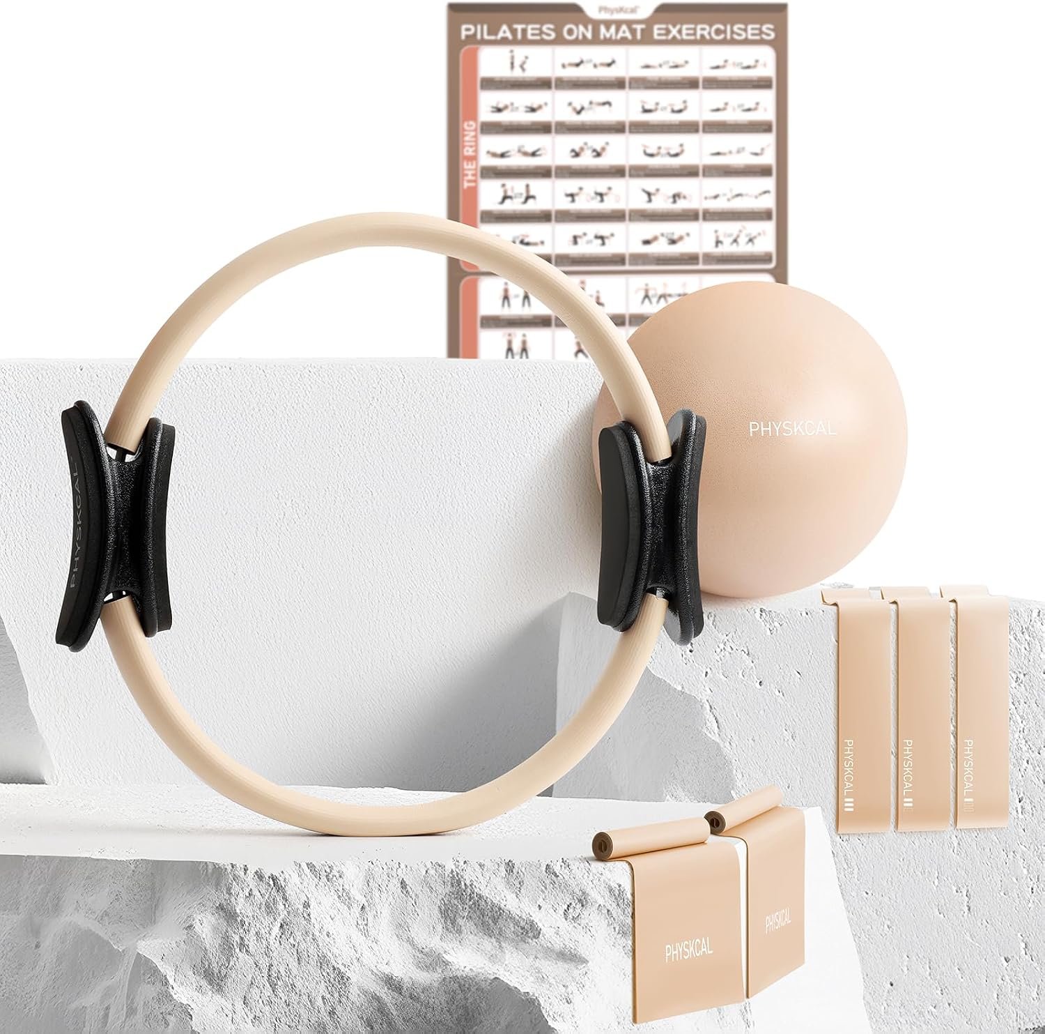 PhysKcal Pilates Kit, 15-Inch Pilates Ring with 1x Pilates Ball & 5X Bands | Aesthetic Home Pilates Equipment Set, Essential Kit for Beginners in Minimalist Style. Comes in Premium Packaging