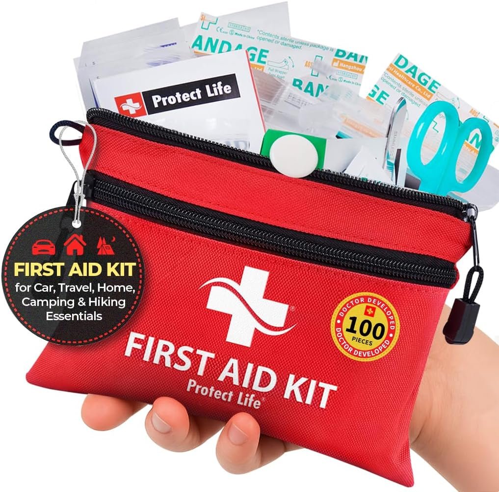 Protect Life Travel First Aid Kit for Car – Small Mini Emergency Kit, 100 Piece Waterproof First Aid Kit for Home, Camping, Boat & Hiking – Includes Emergency Blanket & First Aid Guide