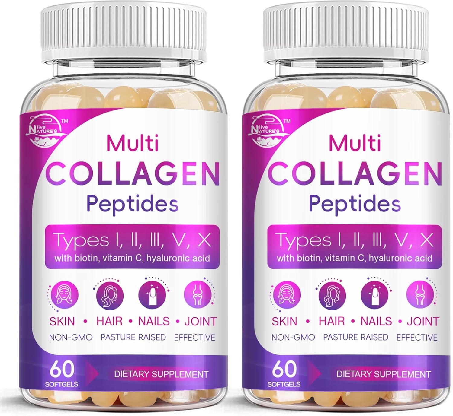 Nature’s live Multi Collagen Peptides Softgel – Type I, II, III, V, X | Hydrolyzed Collagen Peptides with Biotin, Hyaluronic Acid, Supports Skin Hair Nail, Grass-Fed, 60 Softgels, 2 Pack