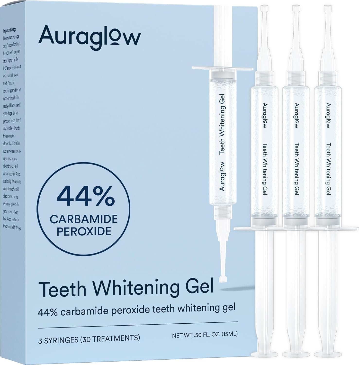 Auraglow 44% Teeth Whitening Gel for Trays, Retainers & Aligners – Dentist Strength Carbamide Peroxide Whitener, 30 Treatments, 3 Syringes (5mL)