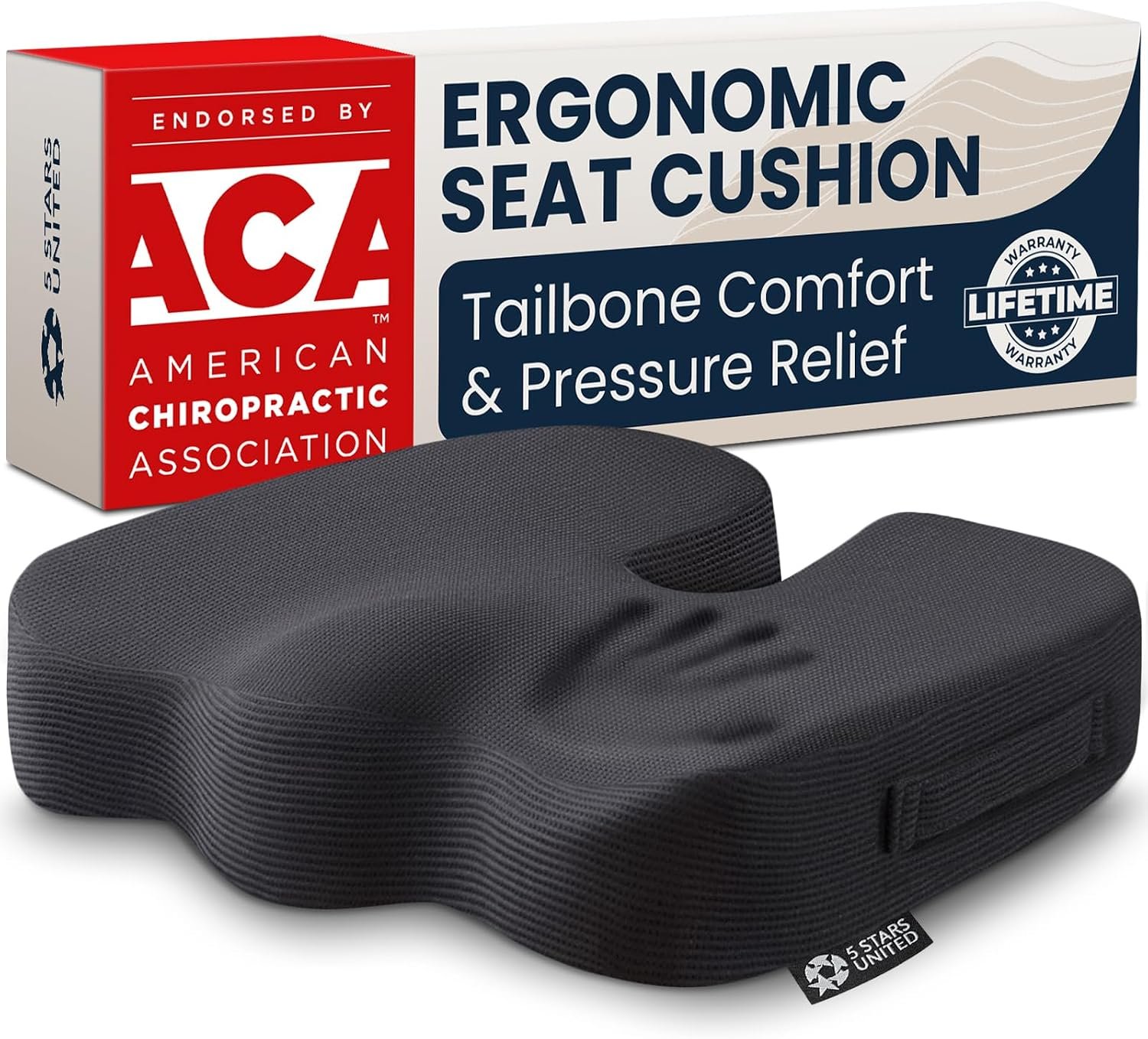 5 STARS UNITED Seat Cushion – Memory Foam Chair Cushion for Tailbone Pain Relief – Ergonomic Support for Coccyx, Sciatica & Butt – Office, Desk & Gaming Chair, Car Seat, Wheelchair, Airplane, Black