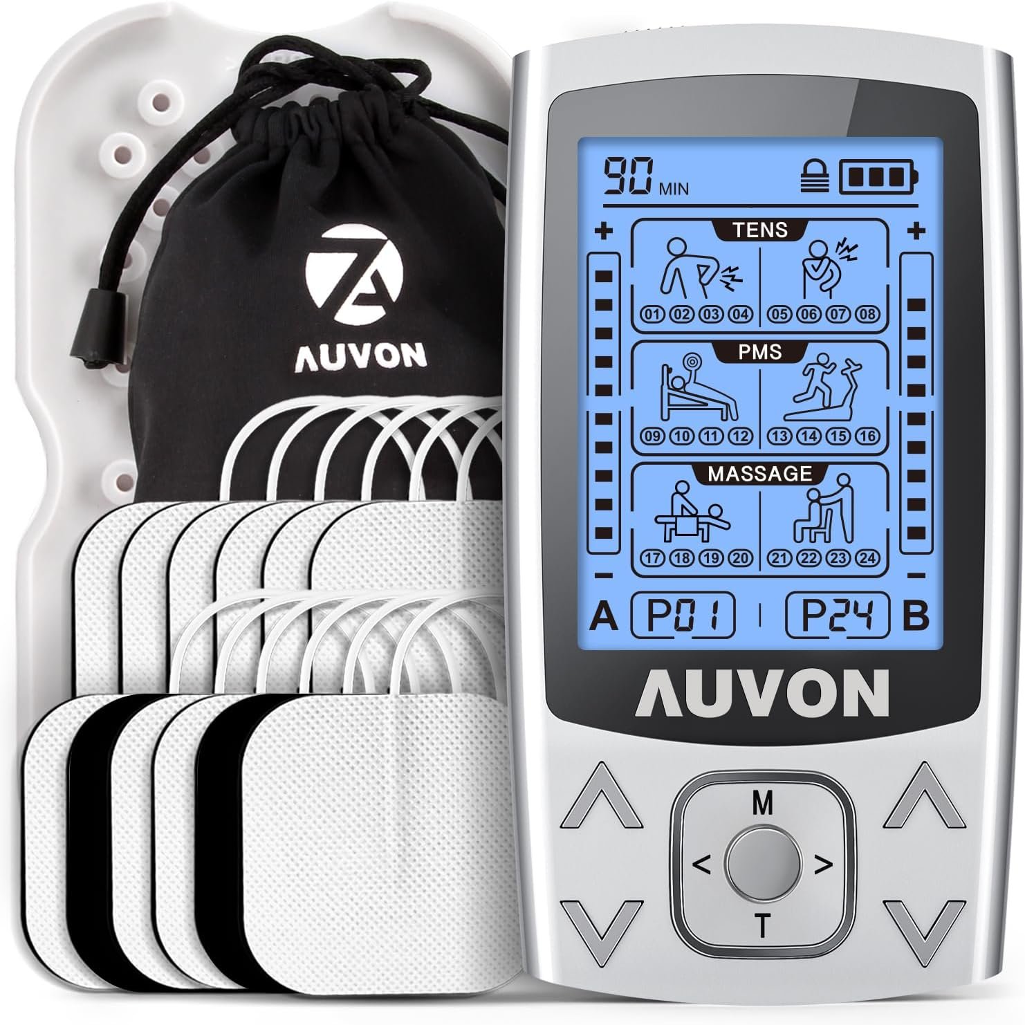 AUVON TENS Machine for Pain Relief, Independent Dual-Channel, 12 Pcs Pads Item | 24 Modes Rechargeable TENS Machine Massager with 12 Pads, Drug-Free Pain Relief for Shoulder, Back, Muscle, ABS Pads Holder