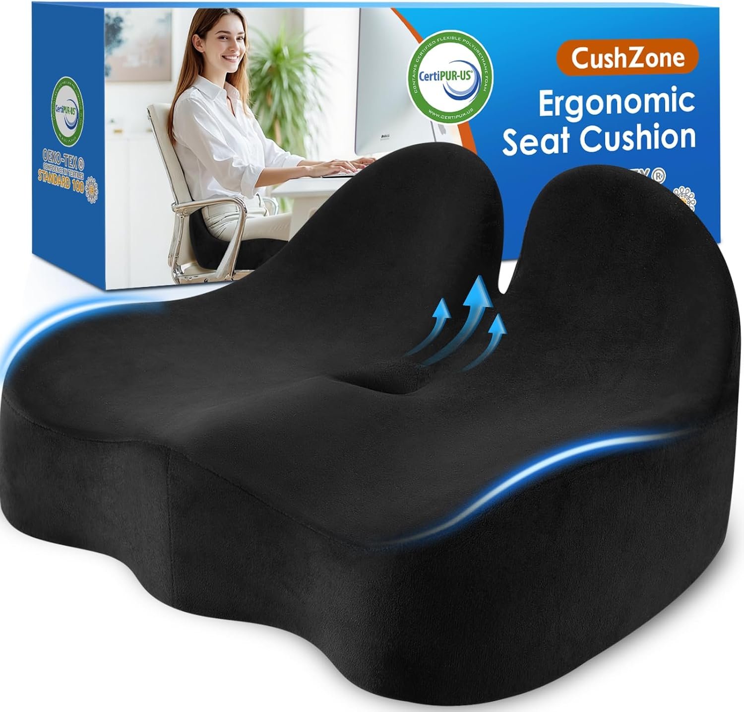 CushZone Ergonomic Seat Cushion, Sciatica Support for Office Chair, Black | Large Size for Sciatica & Hip & Tailbone Pain Relief, Memory Foam Office Chair Cushion for Car, Long Trip, Desk Chair, Lab