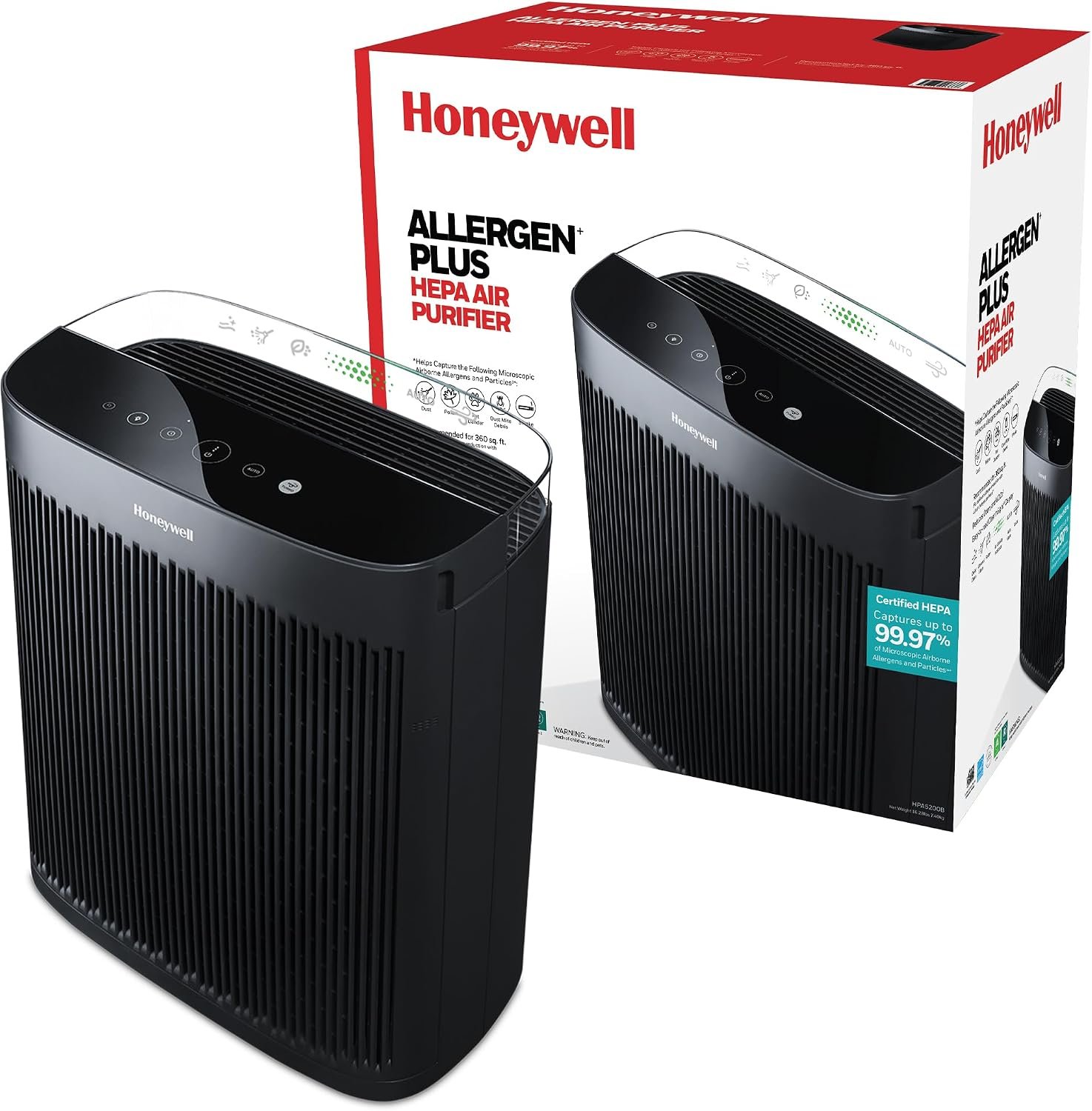 Honeywell HEPA Air Purifier for Home and Large 1700 ft² Rooms, Black | Powerful HEPA Filtration, Air Quality Monitor, Turbo and Auto Mode, Reduces Allergens, Dust, Pollen, Pet Dander, Odors, Smoke