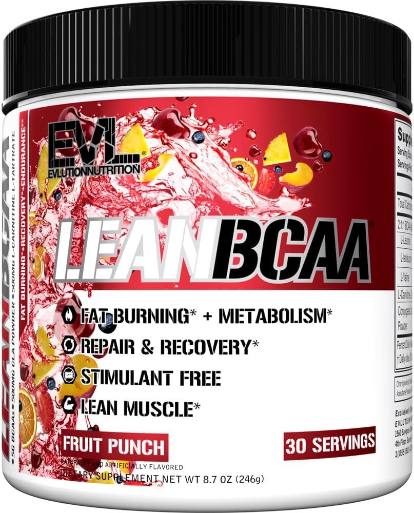 EVL Lean BCAA Amino Acids Powder with CLA & Carnitine – Fruit Punch | Stimulant-free 2:1:1 BCAA formula with CLA and L-Carnitine supports muscle recovery, fat metabolism and lean muscle