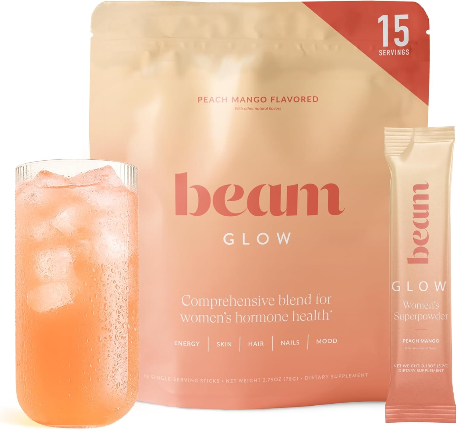 BEAM Glow Hormone Support & Cortisol Supplement for Women – Daily Vitamins for Women with Ashwagandha, Selenium, Zinc, Vitamin A, for Cycle Health, Mood & Energy, Peach Mango, 15 Servings