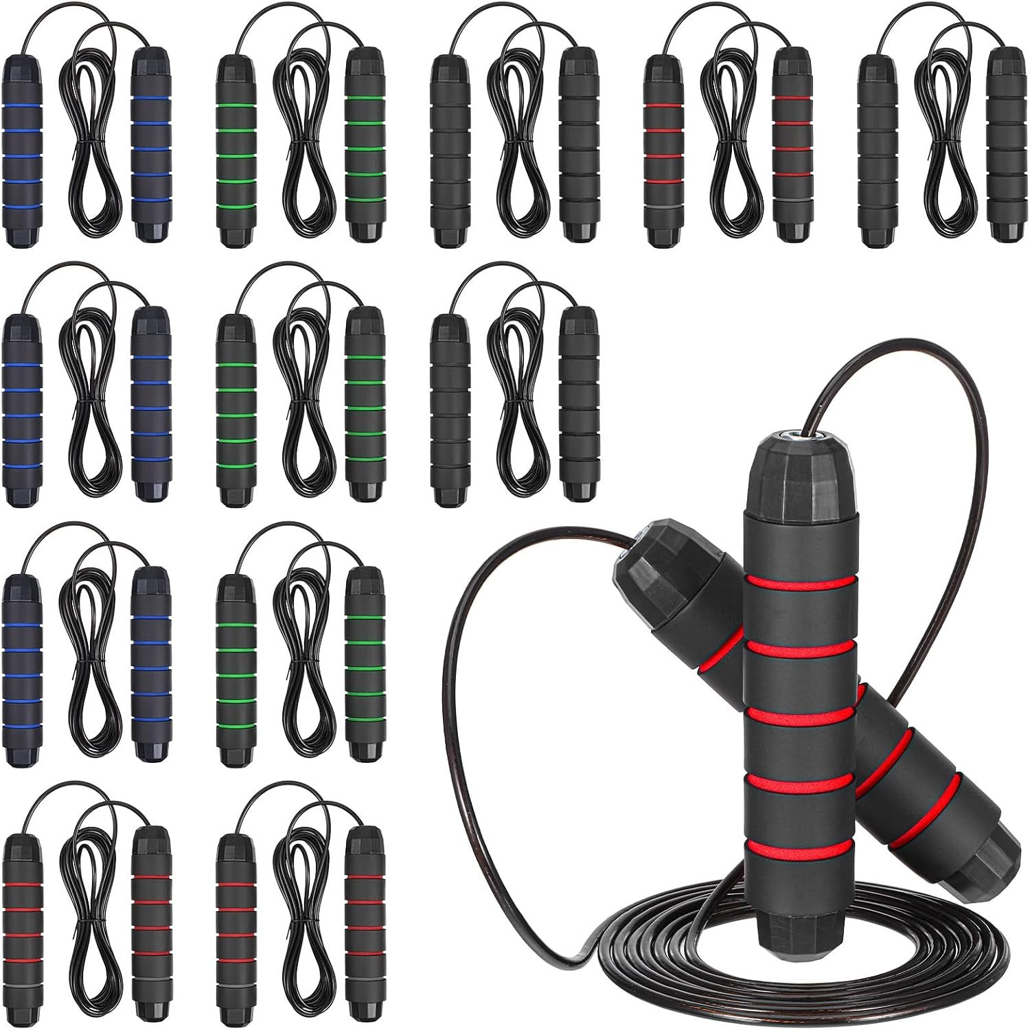 12 Pieces Jump Rope for Fitness with Ball Bearings Speed Jumping Adjustable Skipping Rope Foam Handles Cardio Training Slim Body Red Black Blue Green
