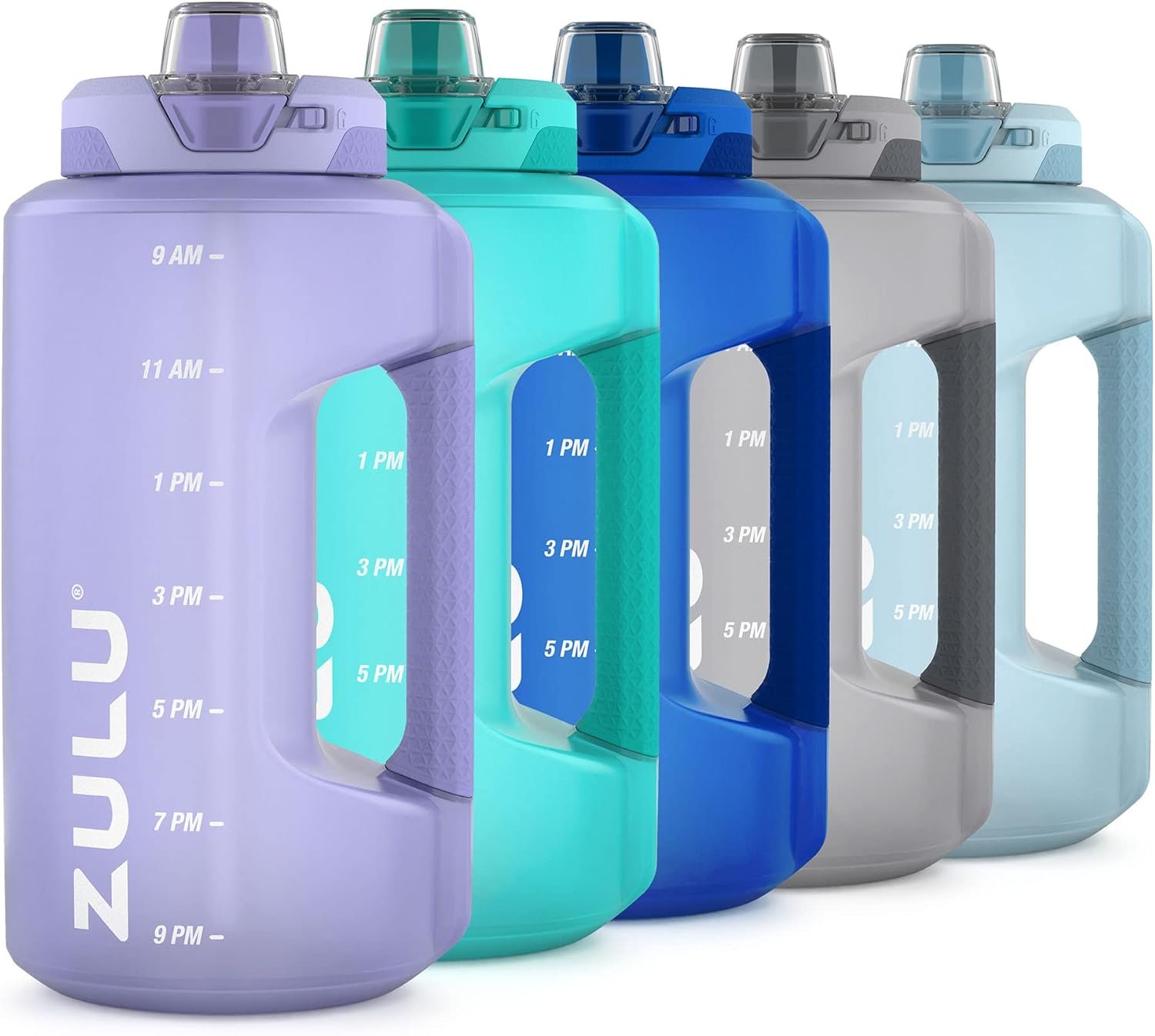 ZULU Goals 64oz BPA-Free Plastic Water Bottle with Time Markers, Violet | Half gallon leakproof water jug with time markers and locking straw lid. BPA-free, great for gym, work, and all-day hydration
