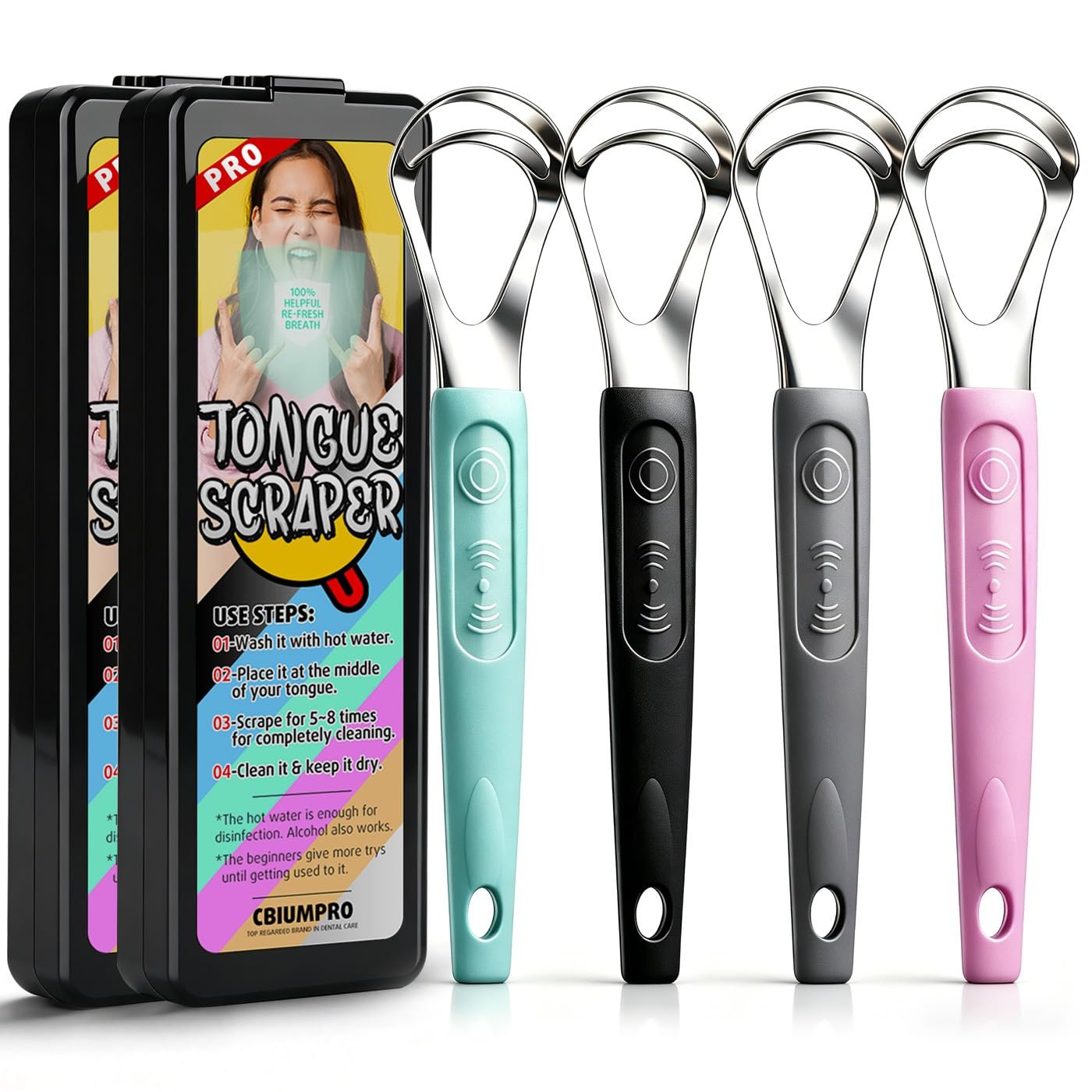 Cbiumpro 4 Pack Colorful Tongue Scraper Cleaner for Kids Adults | Double-Heads, Stainless Steel, Rustproof, Anti-slip Grip, Travel Case, Effectively, Remove Bad Breath, Refresh Confidence