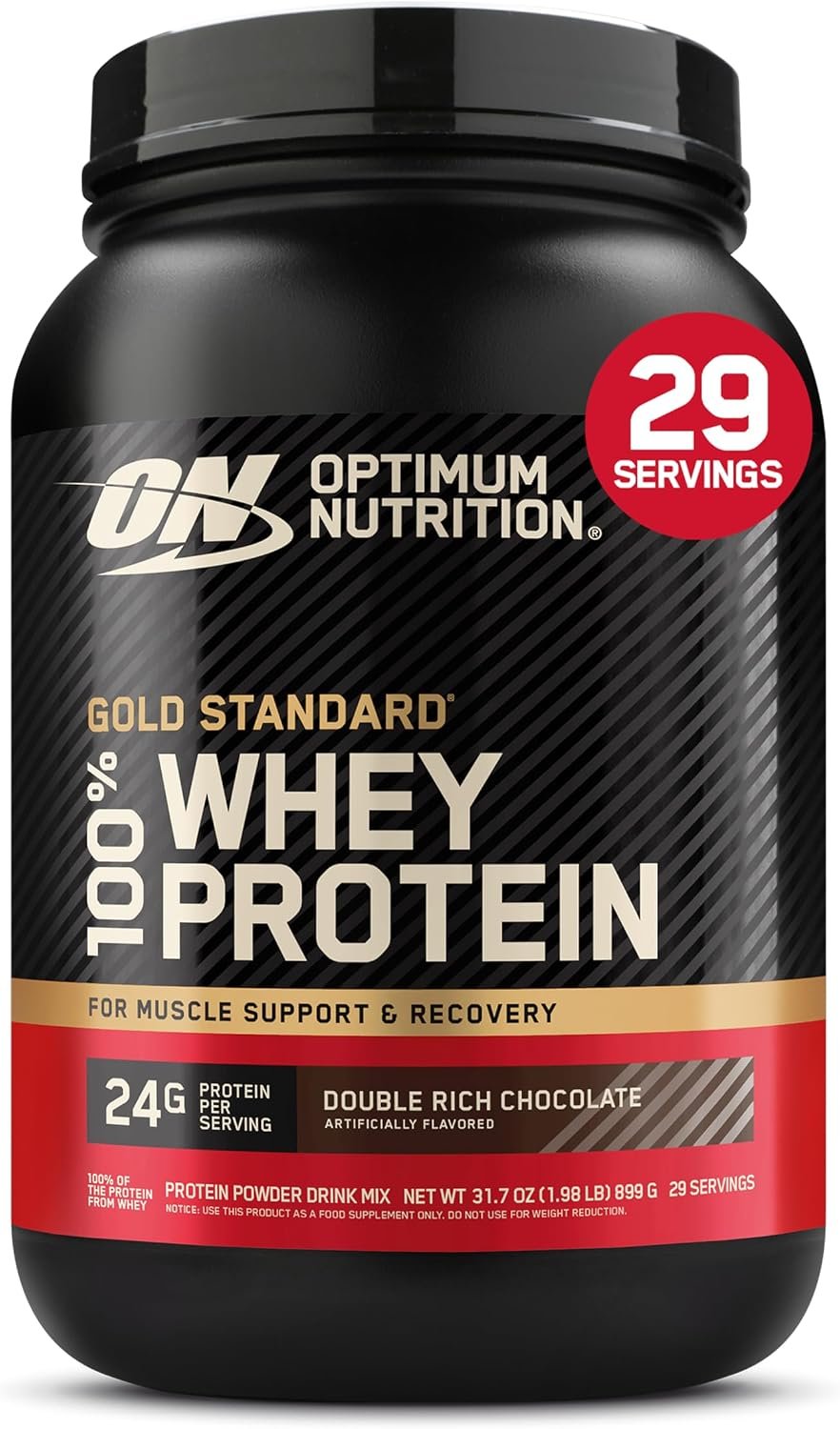 Optimum Nutrition Gold Standard Whey Protein, Double Rich Chocolate, 2 LB | 24g of 100% Whey Protein Powder Per Serving, with BCAAs, Gluten Free, Banned Substance Tested, Easy Mixing, Muscle Support