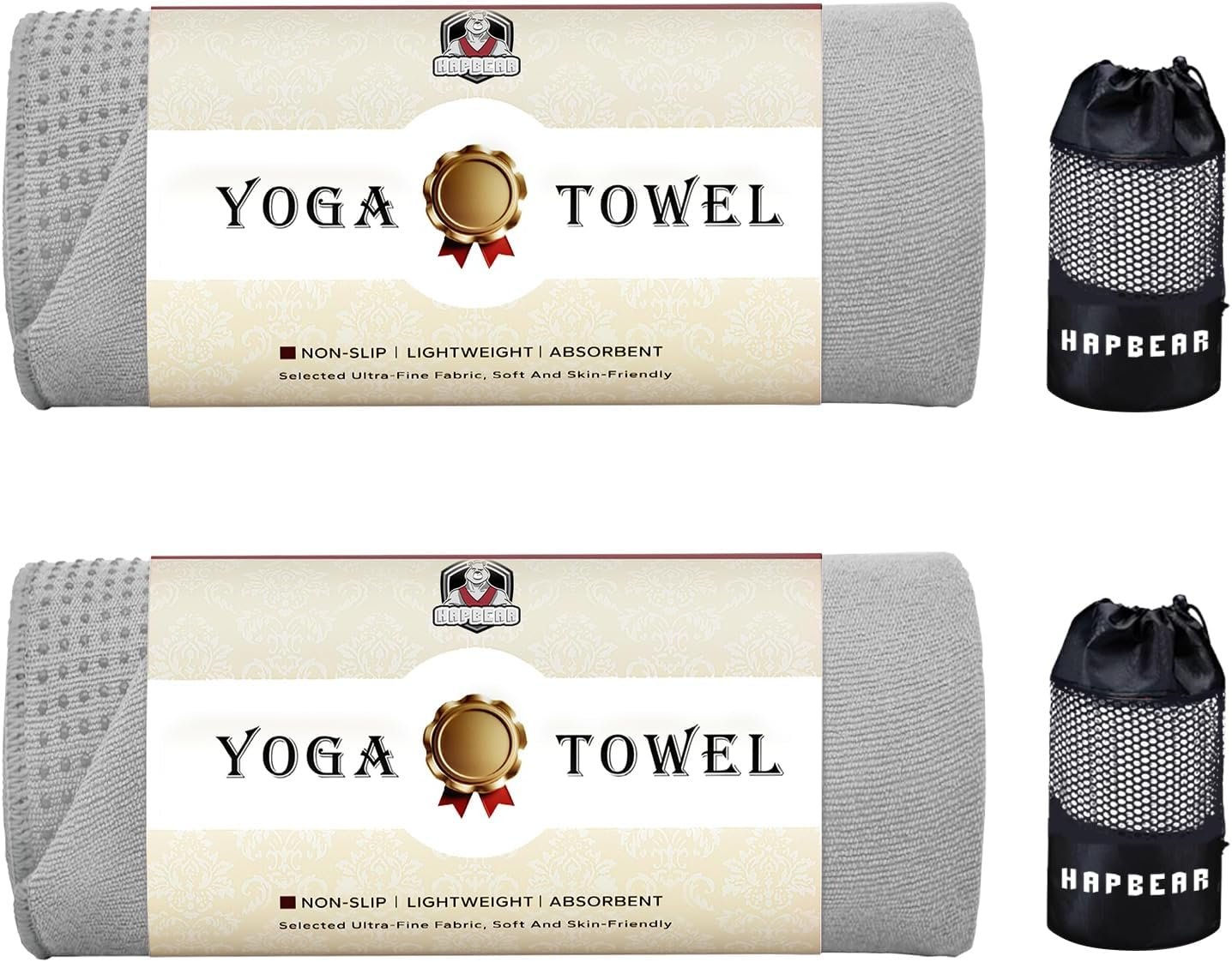 HAPBEAR 2 Pack Non Slip Yoga Mat Towel with Grip Dots, 72″ x 24″ Hot Yoga Towel – Super Absorbent Microfiber Yoga Towel for Hot Yoga, Bikram, Pilates and Gym Workout – Grey
