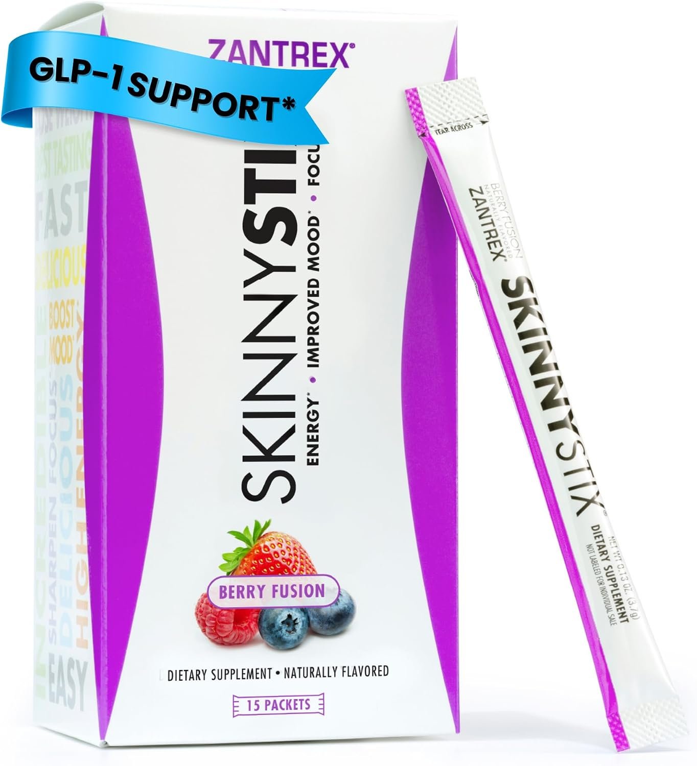 Zantrex SkinnyStix Berry Fusion GLP-1 Support Drink Mix, Energy & Metabolic Support Powder, Appetite Control, 15 Single-Serving Packets