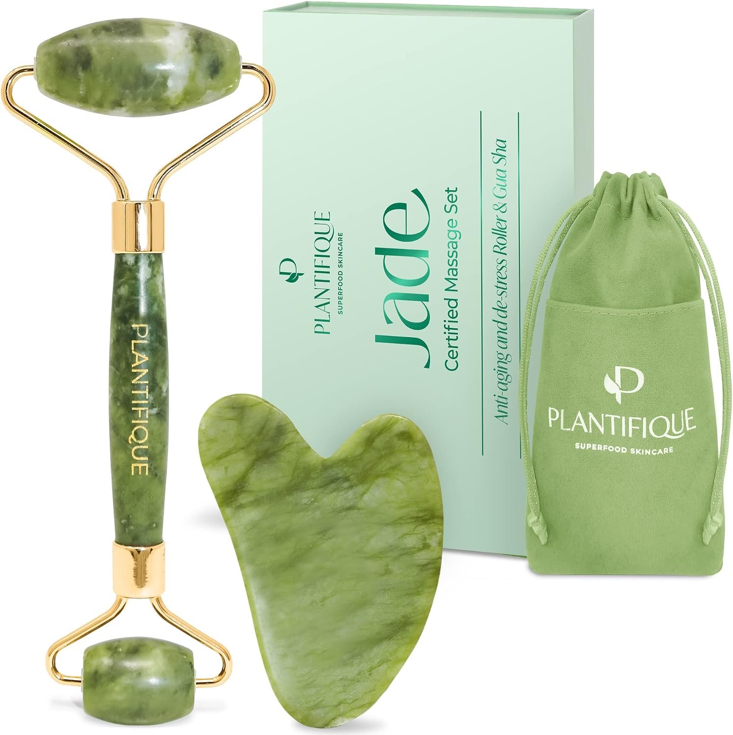 PLANTIFIQUE Jade Roller & Gua Sha Facial Tool Set, Certified Face Massager | Face Roller & Guasha Tool for Lymphatic Drainage, Face Sculpting & Jawline Shaper – Reduce Puffiness & Relieve Tension