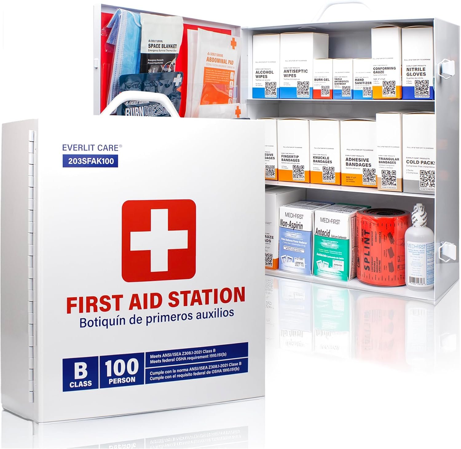 EVERLIT CARE 3-Shelf OSHA-Compliant First Aid Kit, ANSI Class B+ 100 Person Emergency First Aid Cabinet for Business, Job Site, Industrial Manufacturing Facility, Restaurant, and Kitchen