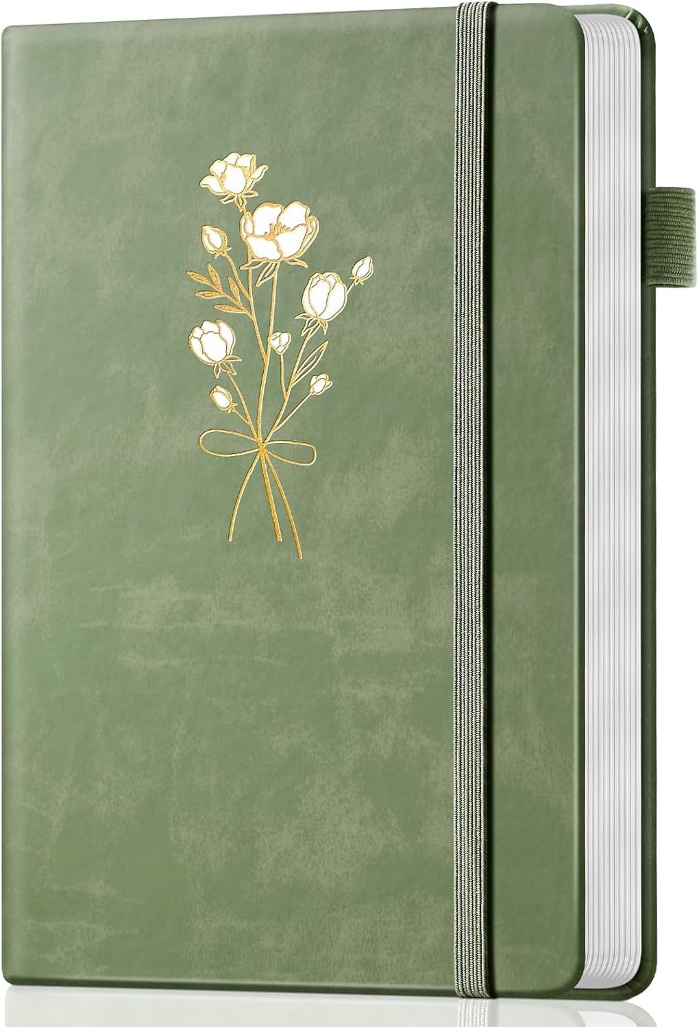 Leather Journal Notebook, A5 Green Diary 192 Pages | 100GSM paper, college ruled pages, flower design, writing and journaling use