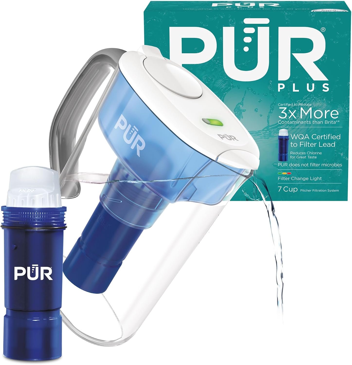 PUR Plus 7-Cup Water Filter Pitcher for Fridge, Cleaner, Great-Tasting Water, Dishwasher Safe, Powerful Filtration, Change Light Indicator, LockFit Cap Design, White | Cleaner, Great-tasting Water, Dishwasher Safe, Powerful Filtration, Change Light Indicator, LockFit Cap Design