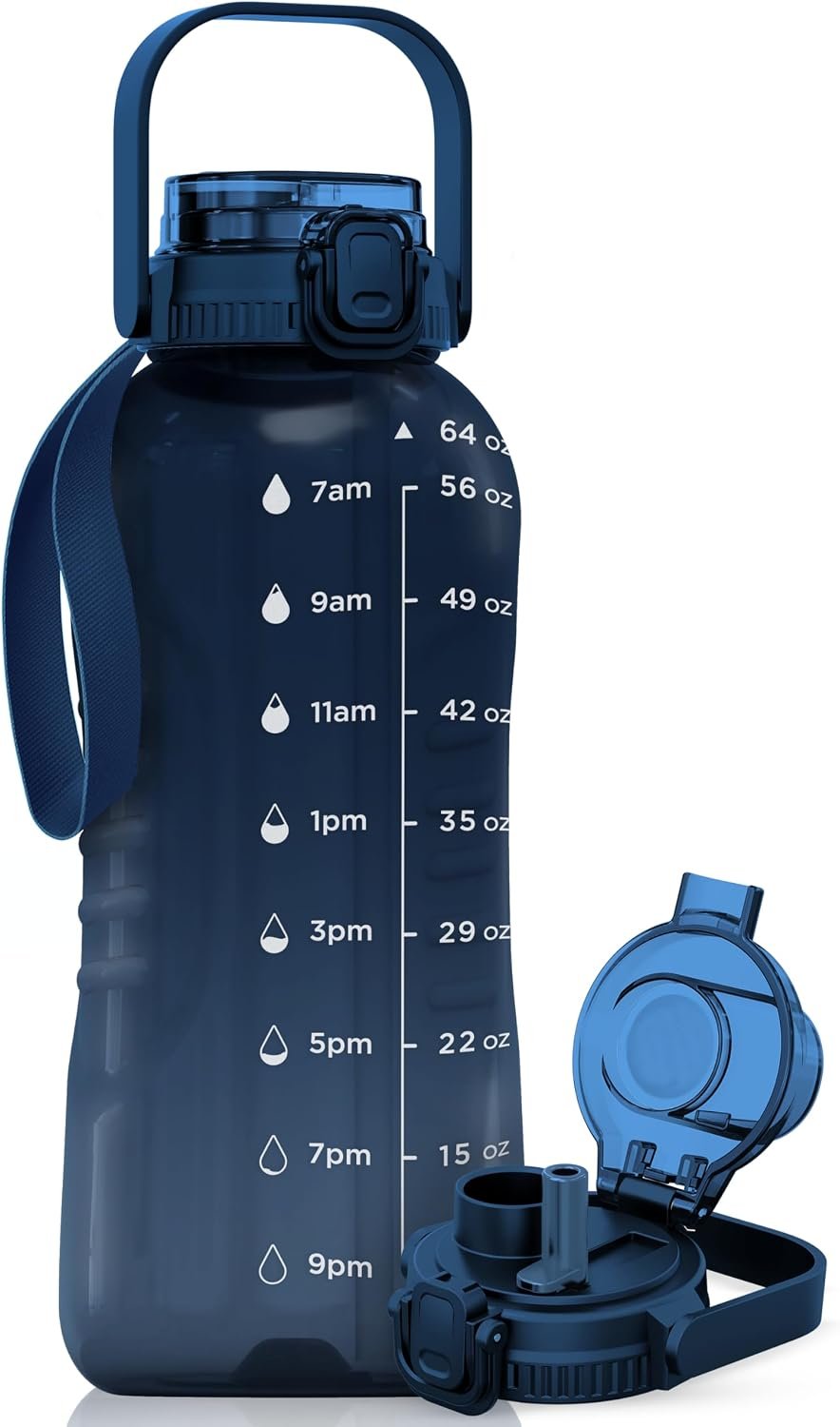 AQUAFIT 64 oz Water Bottle with Handle, 2in1 Lid | BPA Free Half Gallon Water Bottle with 2in1 Straw and Chug Lid – Leakproof Gym Water Bottle with Time Marker (Nebula)