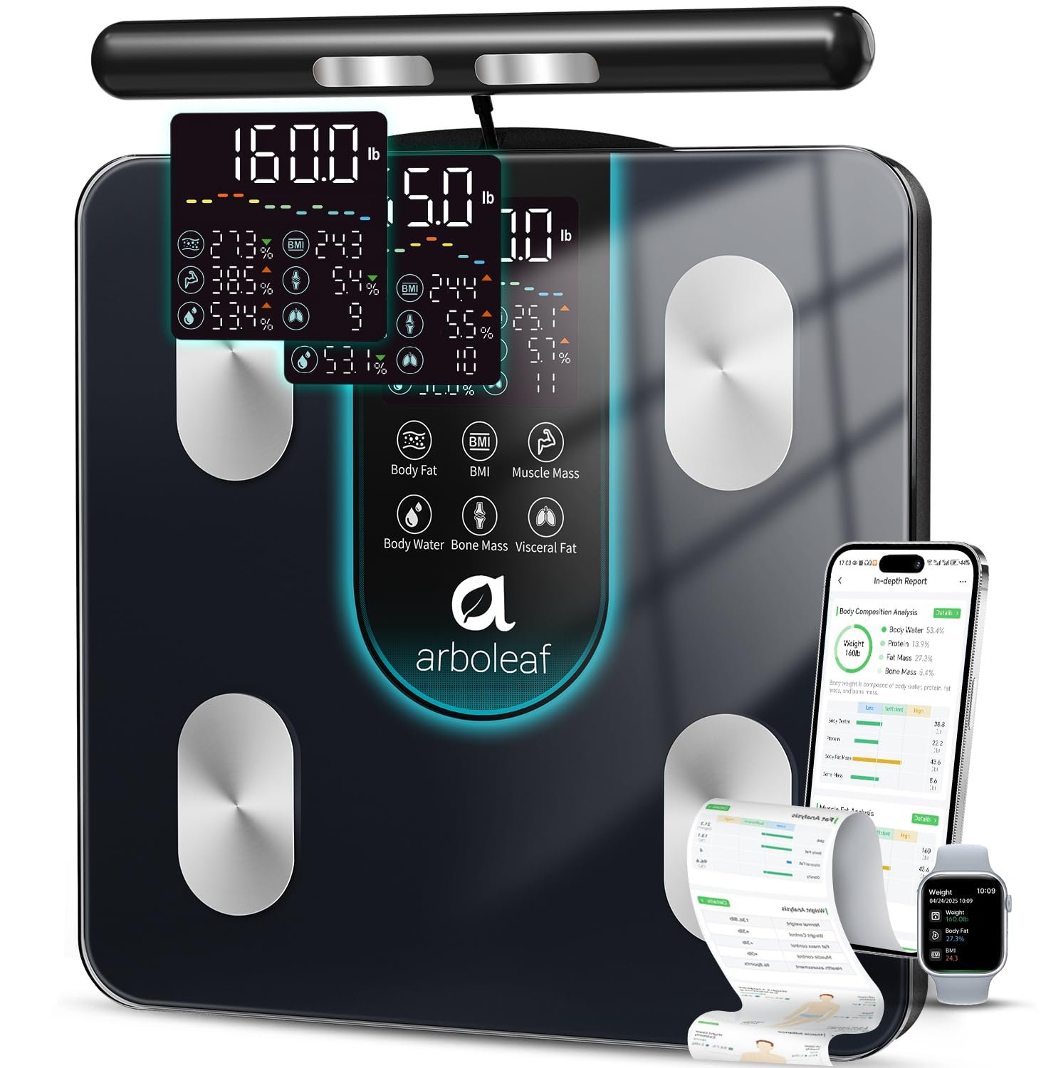 arboleaf Smart Scale for Body Weight, 8-Electrode Scale with Handle | App unlocks 50+ metrics, trend history, family profiles, and report sharing, while the display shows 7 key stats at a glance