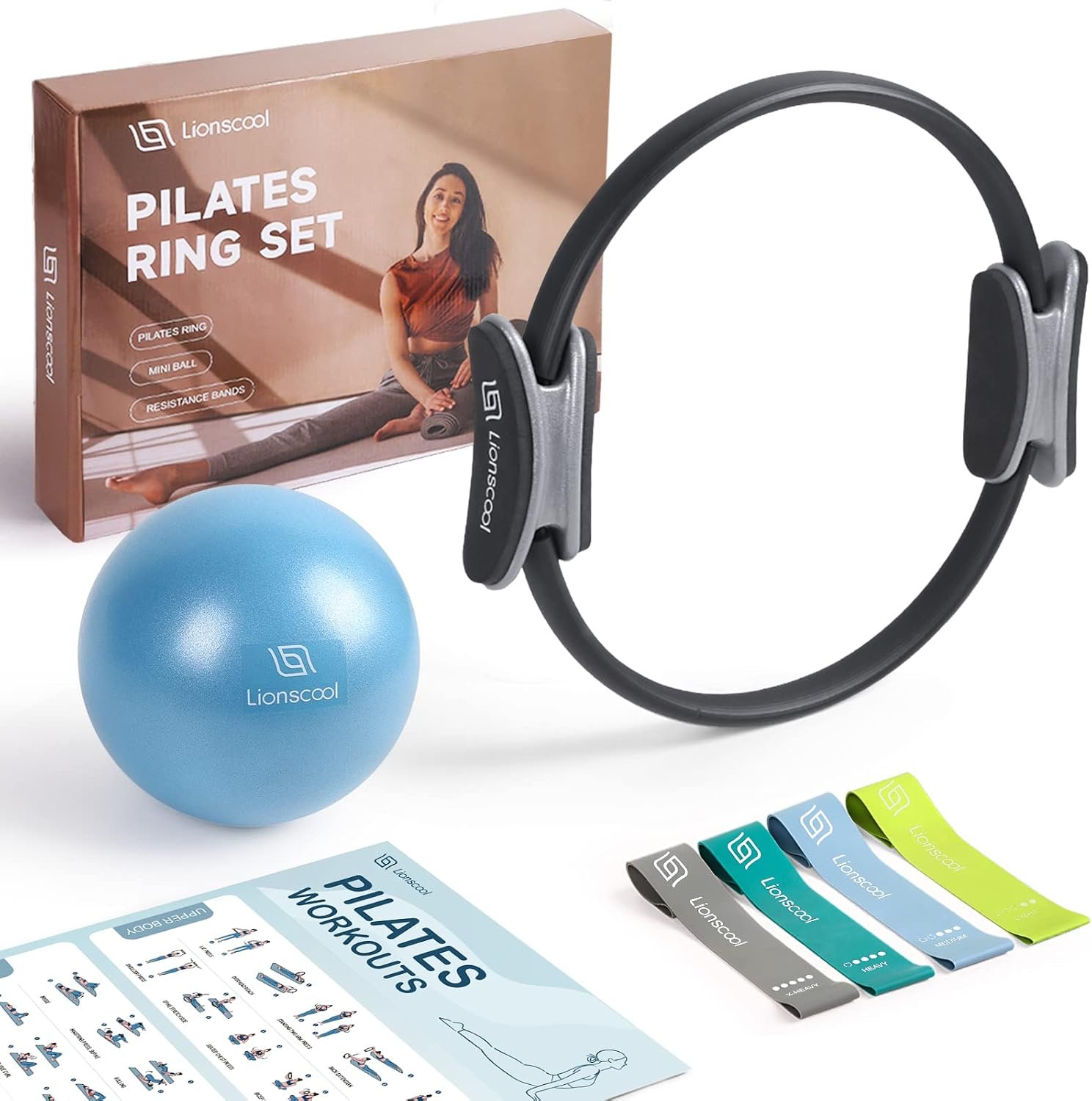 Pilates Ring Set 14″ Magic Circle, 9″ Mini Ball, Resistance Bands | Foam-Padded Fiberglass Pilates Ring, 400 lb Anti-Burst Ball, Latex Bands, Guide & Bag, Pilates Equipment Kit for Home Workout