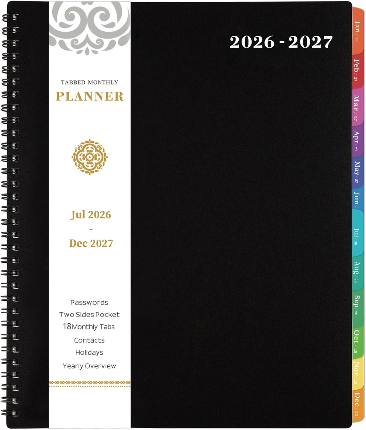 Artfan Monthly Planner 2026-2027, Jul 2026 – Dec 2027 Planner, 18 Month Calendar with Colorful Tabs, Polypropylene Perforated Page, 8.5″ x 11″, Planner 2026-2027 for Home School Office – Black | 18 Month Calendar with Colorful Tabs, Polypropylene Perforated Page, 8.5″ x 11″, Planner 2026-2027 for Home School Office