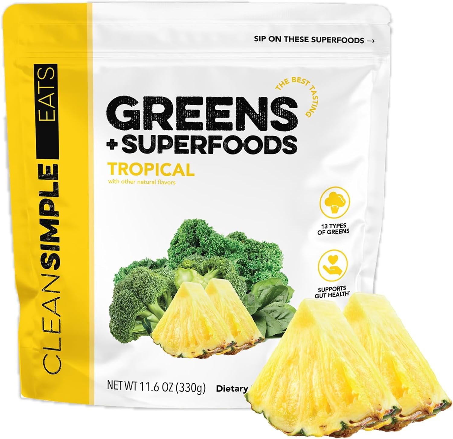 Clean Simple Eats Super Greens Powder, Tropical Greens, 30 Servings | Chlorella & Spirulina | Prebiotic Fiber | Superfoods | Gluten Free | No Artificial Ingredients | Naturally Flavored