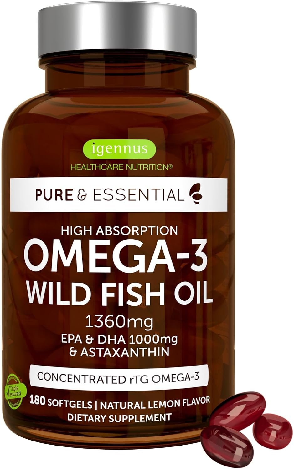 Igennus Ultra Pure Omega 3 rTG Wild Fish Oil 1360mg, 180 Softgels | IFOS-certified EPA DHA 1000mg,ultra-pure high-absorption omega-3 with astaxanthin, non-GMO, 90 servings