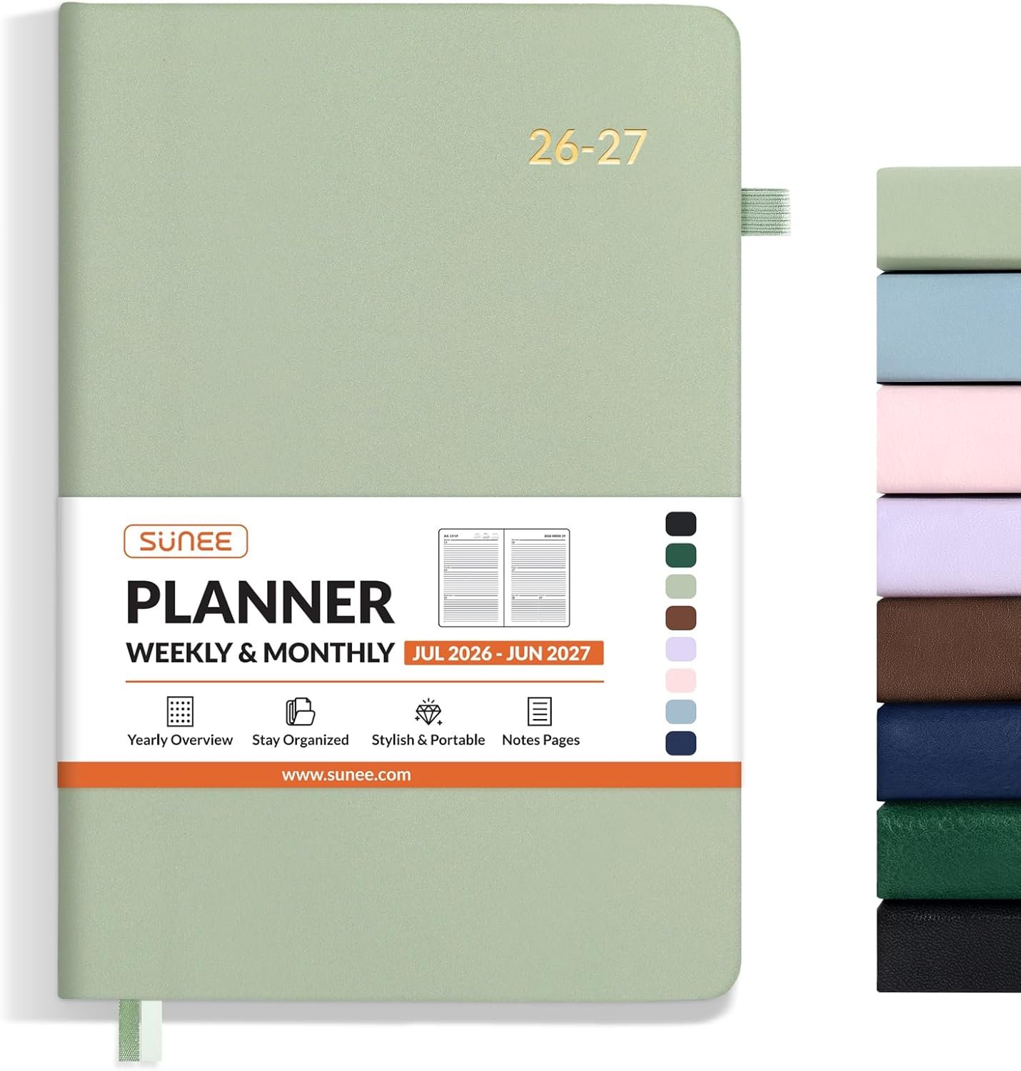 SUNEE 2026-2027 Weekly & Monthly Hardcover Planner 5.5″ x 8.3″ – 12 Month (July 2026 – June 2027), Small Academic Year Calendar Planner, Pocket, Notes, 100 GSM Paper, Sage Green