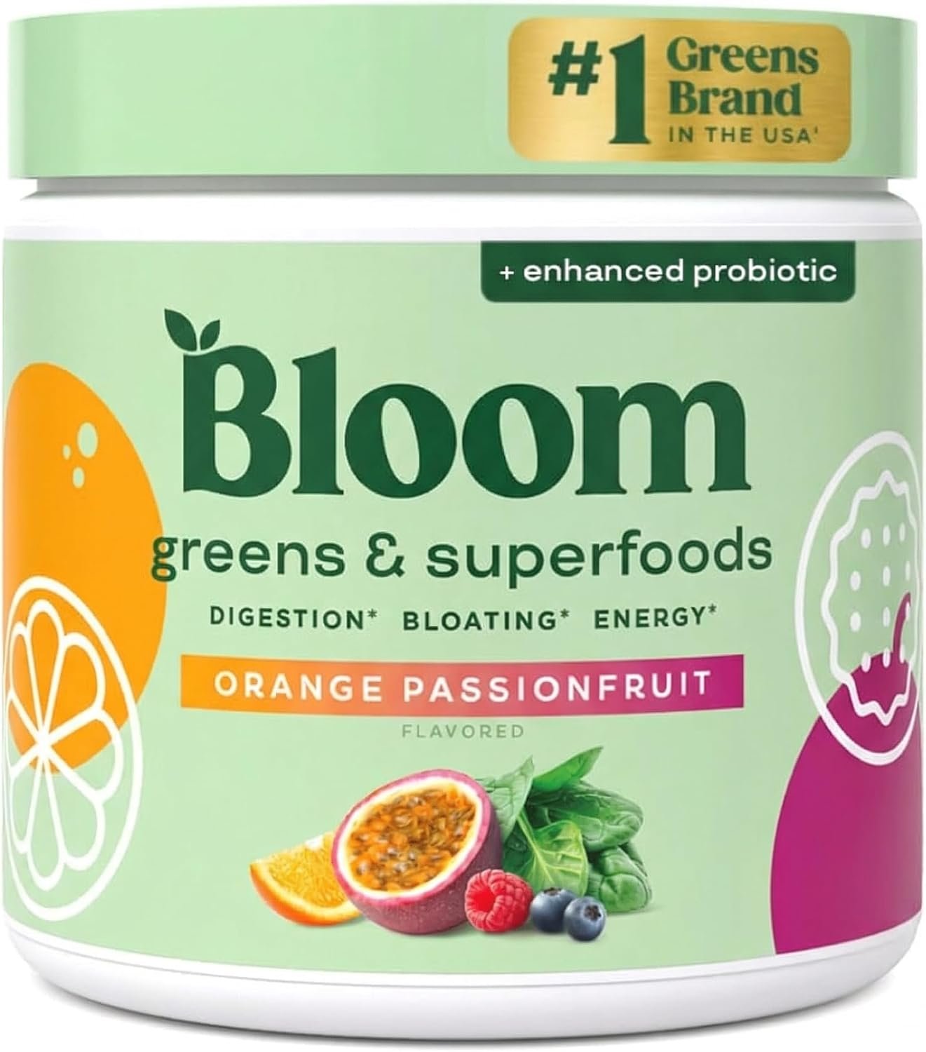 Bloom Nutrition Superfood Greens Powder, Orange Passionfruit, 30 Servings | Digestive Enzymes with Probiotics and Prebiotics, Gut Health, Bloating Relief for Women, Chlorella, Green Juice Mix