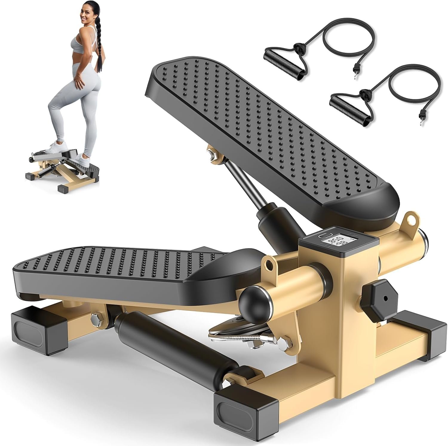 Mini Steppers for Exercise At-Home, Step Fitness Machines with Resistance Bands and LCD Monitor, Mini Stair Stepper with 220 LBS Loading Capacity for Daily Workout