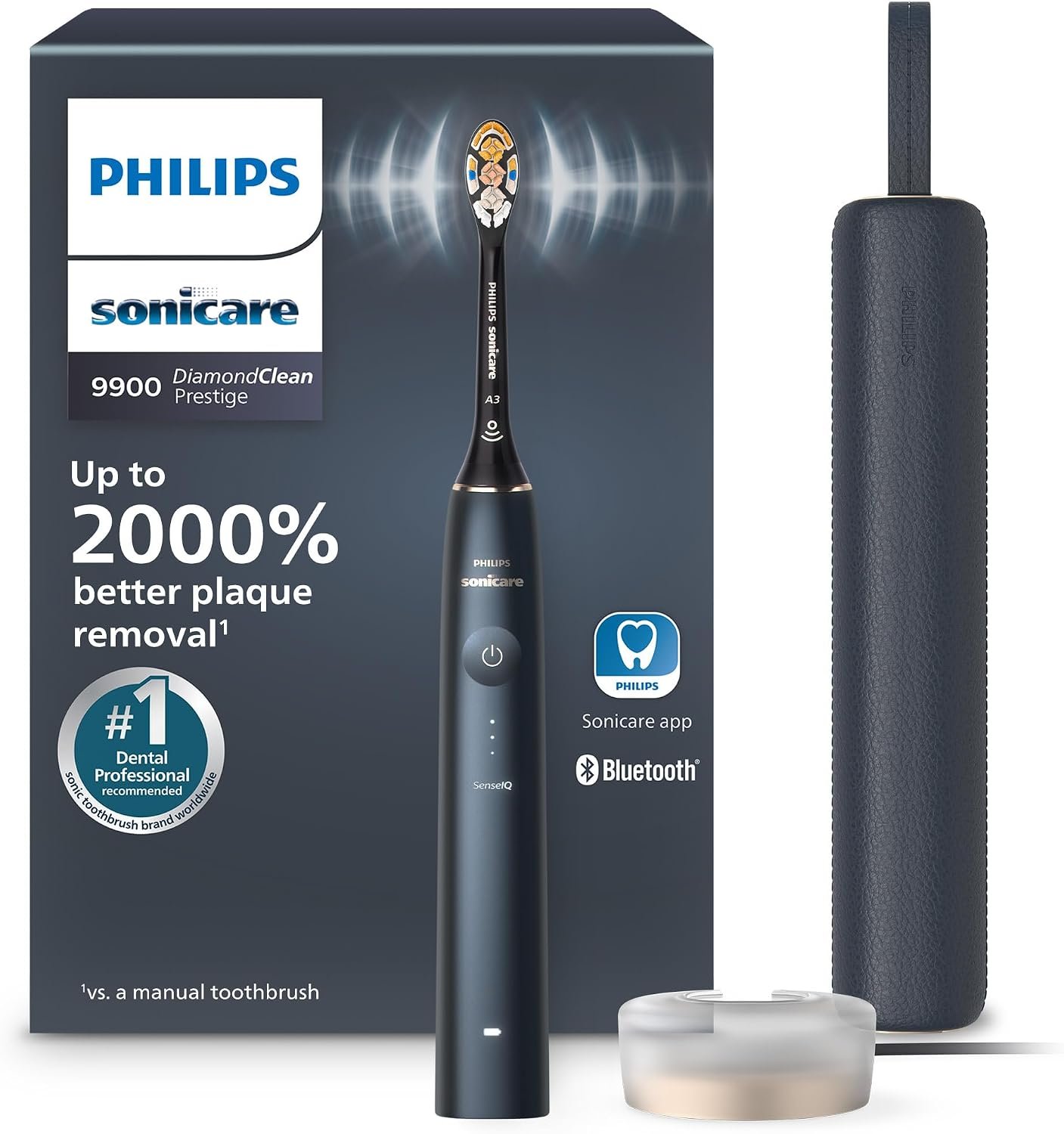 Philips Sonicare DiamondClean 9900 Prestige Electric Toothbrush – with SenseIQ Technology and Advanced AI App, 5 Brushing Modes, 3 Intensity Levels, Charging Travel Case,Midnight Blue, Model HX9990/12