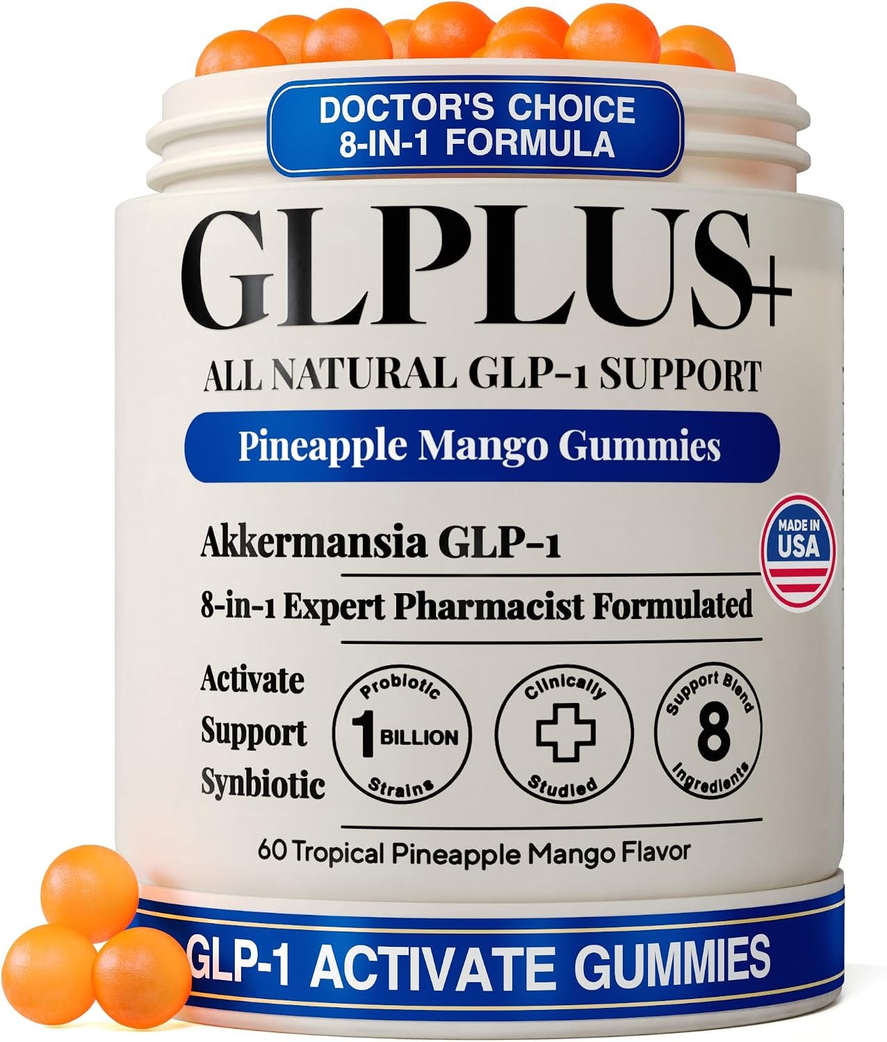 GLP-1 Supplement Gummies, 8-in-1 with Akkermansia, Mango Pineapple | Appetite, Craving & Healthy Metabolism Support: Plant-Based Formula with Turmeric & Resveratrol